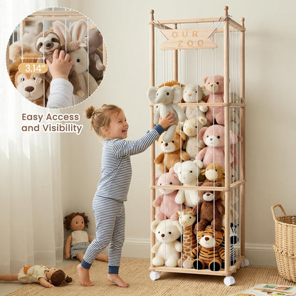 Stuffed Animal Storage with Wheels - Wood Stuffed Animals Organizer Holder Zoo Large Capacity Plush Toy Cage with Elastic Band for Playroom, Bedroom, Nursery