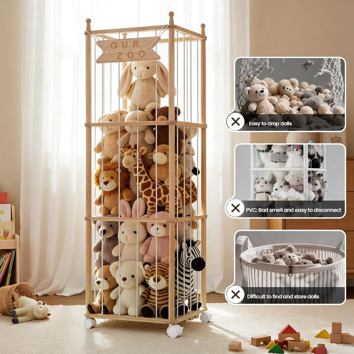 Stuffed Animal Storage with Wheels - Wood Stuffed Animals Organizer Holder Zoo Large Capacity Plush Toy Cage with Elastic Band for Playroom, Bedroom, Nursery