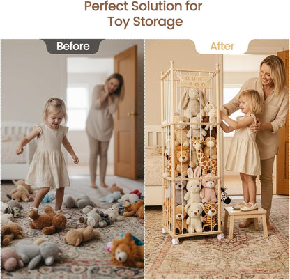 Stuffed Animal Storage with Wheels - Wood Stuffed Animals Organizer Holder Zoo Large Capacity Plush Toy Cage with Elastic Band for Playroom, Bedroom, Nursery