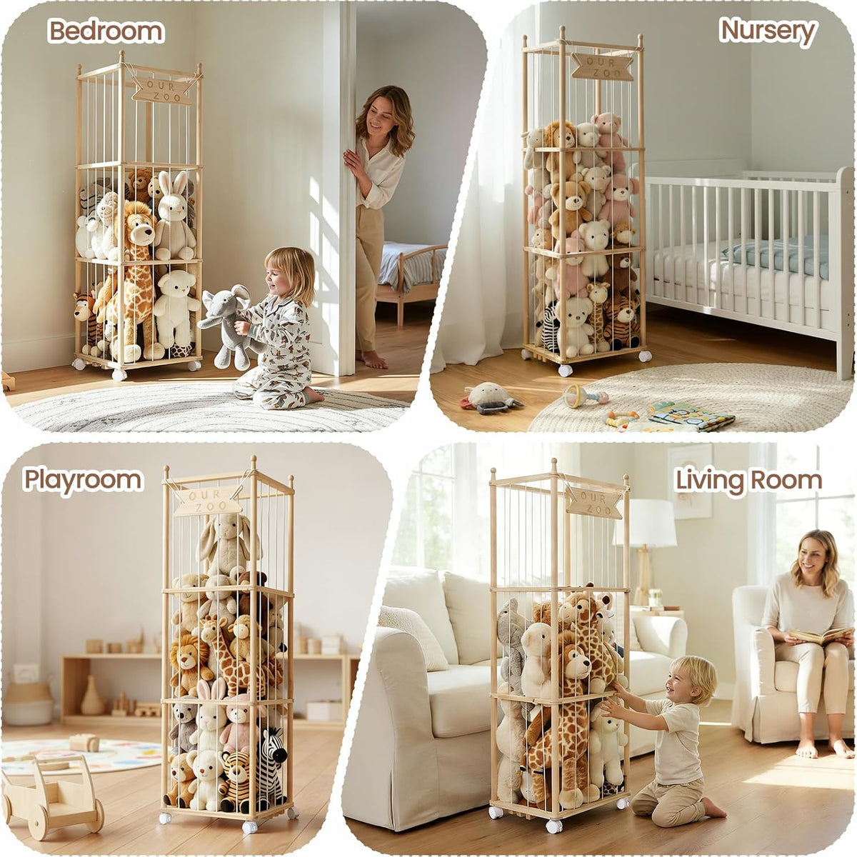 Stuffed Animal Storage with Wheels - Wood Stuffed Animals Organizer Holder Zoo Large Capacity Plush Toy Cage with Elastic Band for Playroom, Bedroom, Nursery