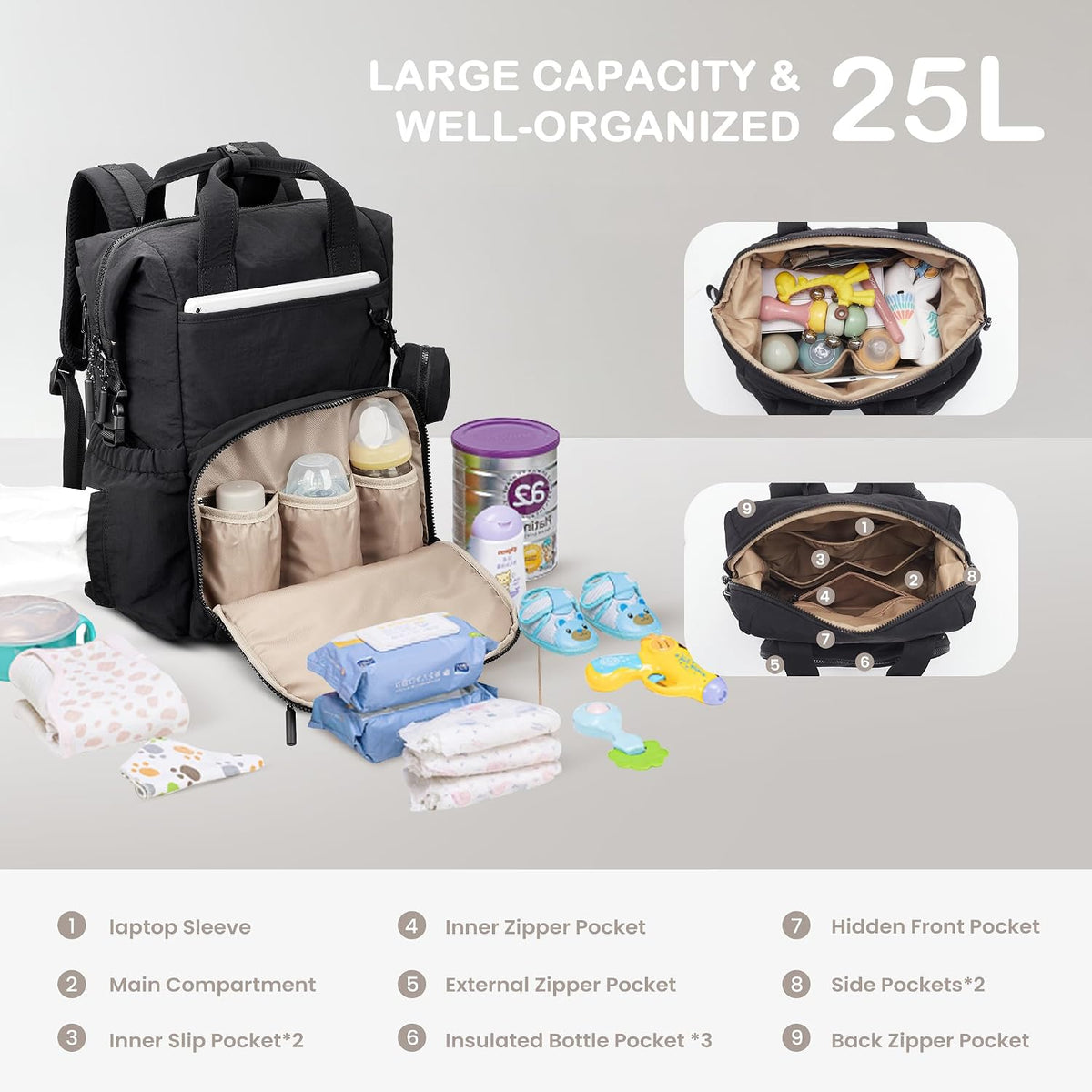 Neoprene Diaper Bag Backpack with Changing Pad, 33L Large Capacity Neoprene Backpack Baby Diaper Bag with Insulated Pockets, Travel Diaper Backpack Baby with 12 Pockets for Mom & Dad, Gray