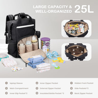 Neoprene Diaper Bag Backpack with Changing Pad, 33L Large Capacity Neoprene Backpack Baby Diaper Bag with Insulated Pockets, Travel Diaper Backpack Baby with 12 Pockets for Mom & Dad, Gray