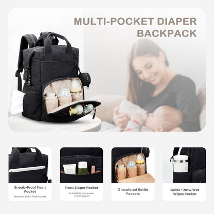 Neoprene Diaper Bag Backpack with Changing Pad, 33L Large Capacity Neoprene Backpack Baby Diaper Bag with Insulated Pockets, Travel Diaper Backpack Baby with 12 Pockets for Mom & Dad, Gray