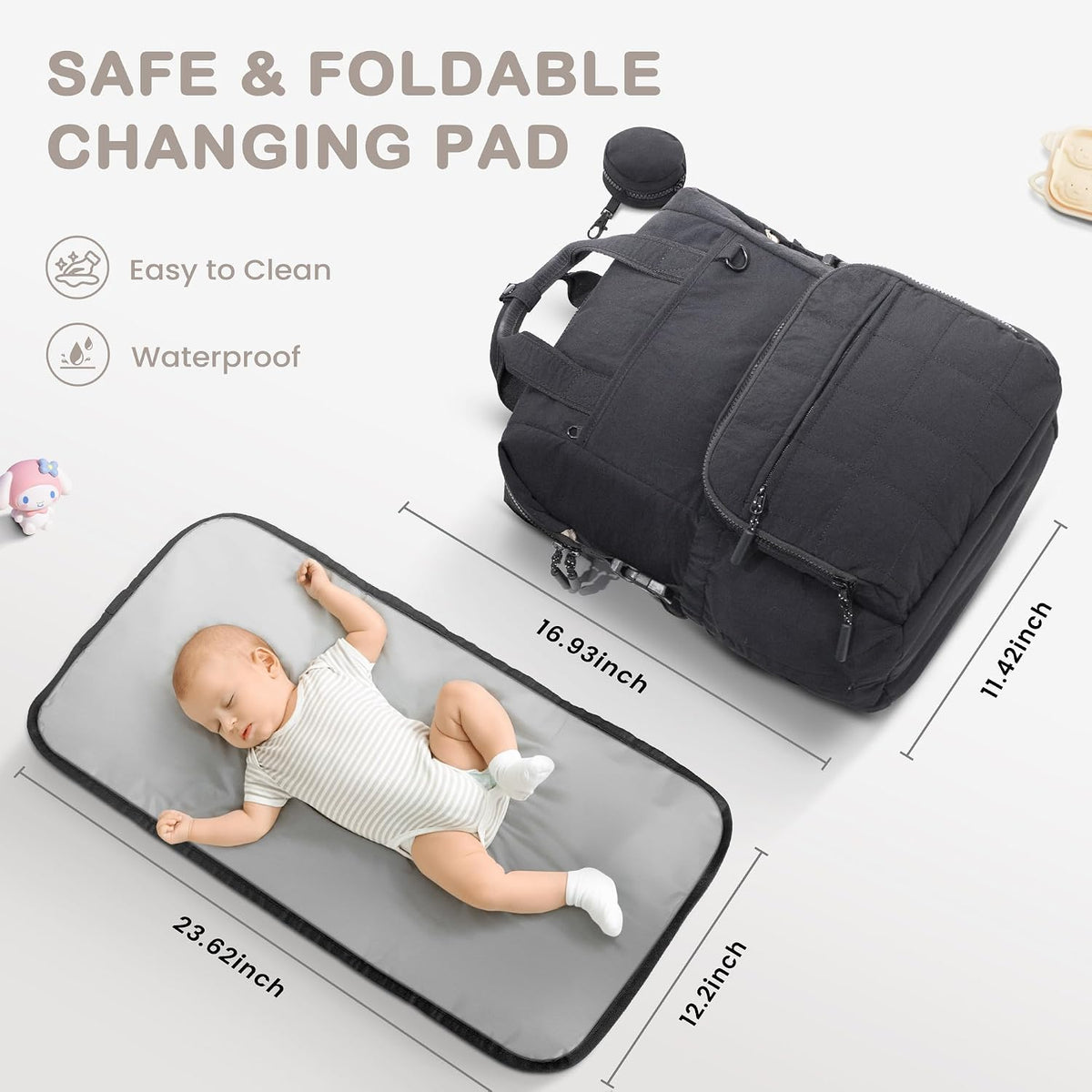 Neoprene Diaper Bag Backpack with Changing Pad, 33L Large Capacity Neoprene Backpack Baby Diaper Bag with Insulated Pockets, Travel Diaper Backpack Baby with 12 Pockets for Mom & Dad, Gray