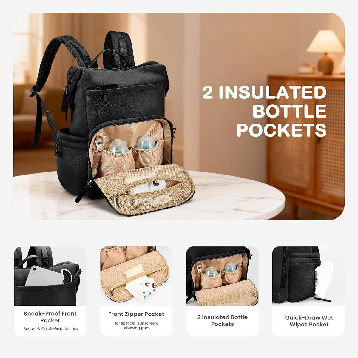 Neoprene Diaper Bag Backpack with Changing Pad, 33L Large Capacity Neoprene Backpack Baby Diaper Bag with Insulated Pockets, Travel Diaper Backpack Baby with 12 Pockets for Mom & Dad, Gray
