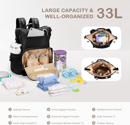 Neoprene Diaper Bag Backpack with Changing Pad, 33L Large Capacity Neoprene Backpack Baby Diaper Bag with Insulated Pockets, Travel Diaper Backpack Baby with 12 Pockets for Mom & Dad, Gray
