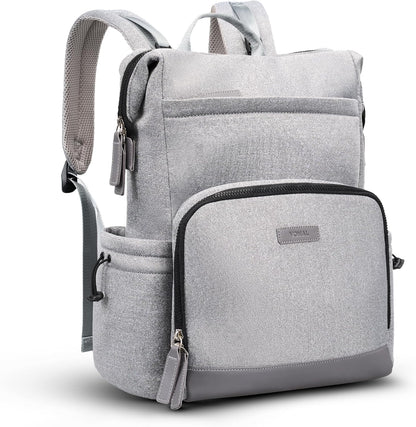 Neoprene Diaper Bag Backpack with Changing Pad, 33L Large Capacity Neoprene Backpack Baby Diaper Bag with Insulated Pockets, Travel Diaper Backpack Baby with 12 Pockets for Mom & Dad, Gray