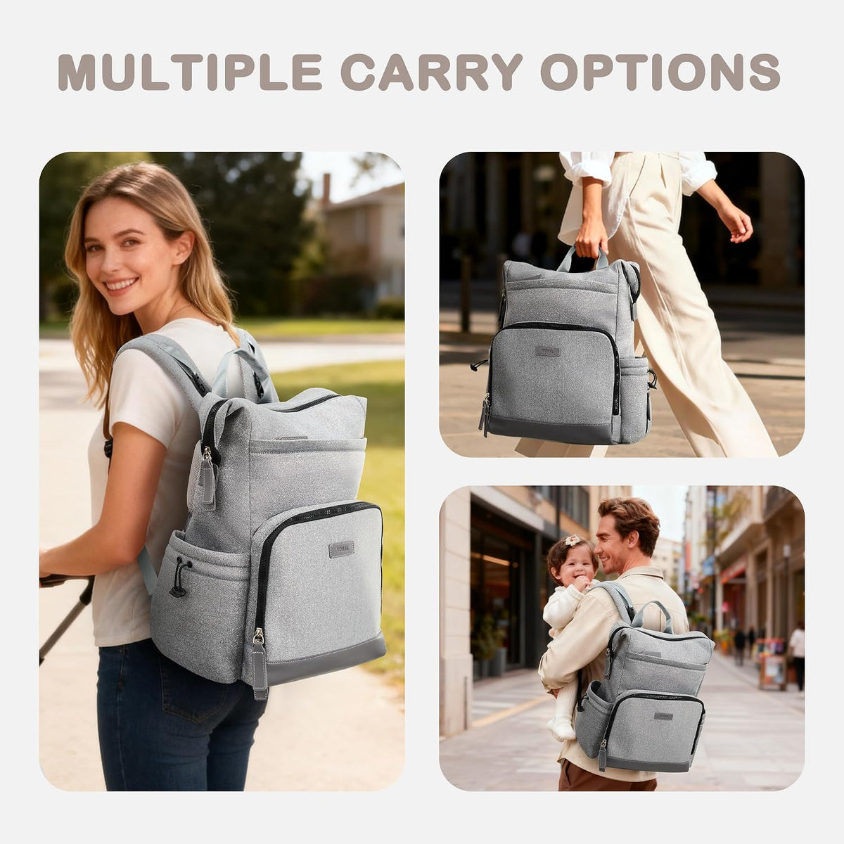 Neoprene Diaper Bag Backpack with Changing Pad, 33L Large Capacity Neoprene Backpack Baby Diaper Bag with Insulated Pockets, Travel Diaper Backpack Baby with 12 Pockets for Mom & Dad, Gray