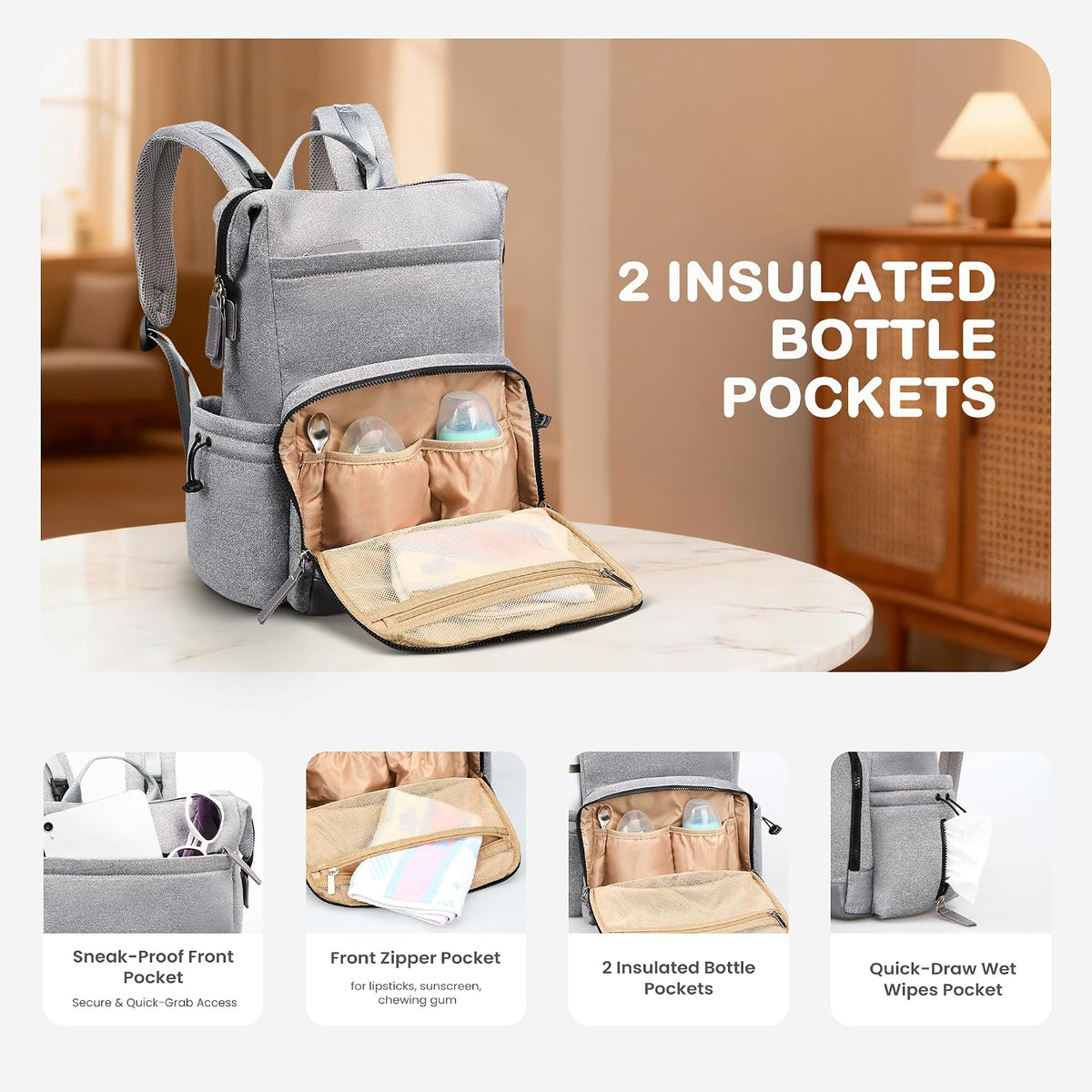 Neoprene Diaper Bag Backpack with Changing Pad, 33L Large Capacity Neoprene Backpack Baby Diaper Bag with Insulated Pockets, Travel Diaper Backpack Baby with 12 Pockets for Mom & Dad, Gray
