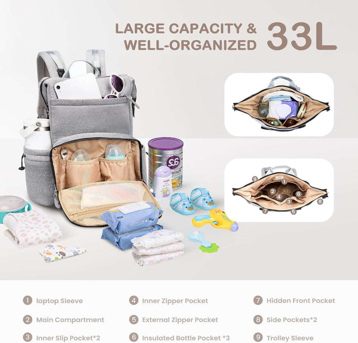 Neoprene Diaper Bag Backpack with Changing Pad, 33L Large Capacity Neoprene Backpack Baby Diaper Bag with Insulated Pockets, Travel Diaper Backpack Baby with 12 Pockets for Mom & Dad, Gray