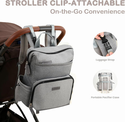 Neoprene Diaper Bag Backpack with Changing Pad, 33L Large Capacity Neoprene Backpack Baby Diaper Bag with Insulated Pockets, Travel Diaper Backpack Baby with 12 Pockets for Mom & Dad, Gray