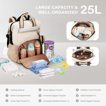 Neoprene Diaper Bag Backpack with Changing Pad, 33L Large Capacity Neoprene Backpack Baby Diaper Bag with Insulated Pockets, Travel Diaper Backpack Baby with 12 Pockets for Mom & Dad, Gray