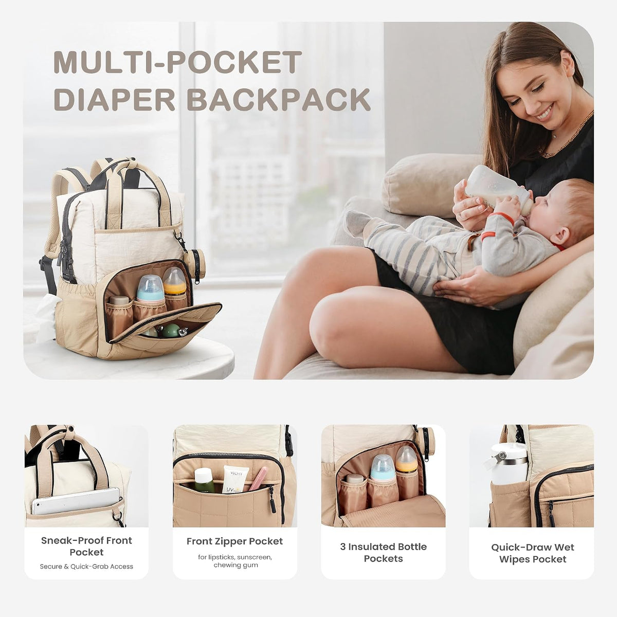 Neoprene Diaper Bag Backpack with Changing Pad, 33L Large Capacity Neoprene Backpack Baby Diaper Bag with Insulated Pockets, Travel Diaper Backpack Baby with 12 Pockets for Mom & Dad, Gray