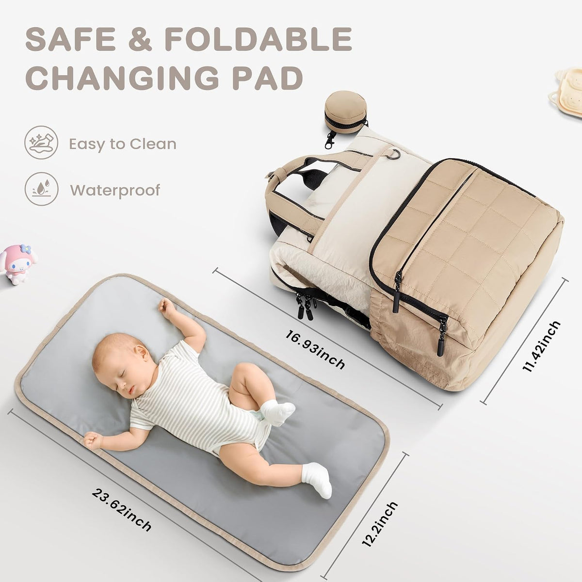Neoprene Diaper Bag Backpack with Changing Pad, 33L Large Capacity Neoprene Backpack Baby Diaper Bag with Insulated Pockets, Travel Diaper Backpack Baby with 12 Pockets for Mom & Dad, Gray