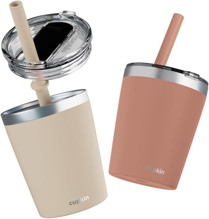 Stainless Steel Insulated Tumbler with Lid and Straw, 20 oz Stainless Steel Cups, Set of 2 Travel Coffee Mug for Adults, Iced Coffee Cup with Lid, Tumbler for Travel (Green + Pink)