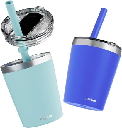 Stainless Steel Insulated Tumbler with Lid and Straw, 20 oz Stainless Steel Cups, Set of 2 Travel Coffee Mug for Adults, Iced Coffee Cup with Lid, Tumbler for Travel (Green + Pink)
