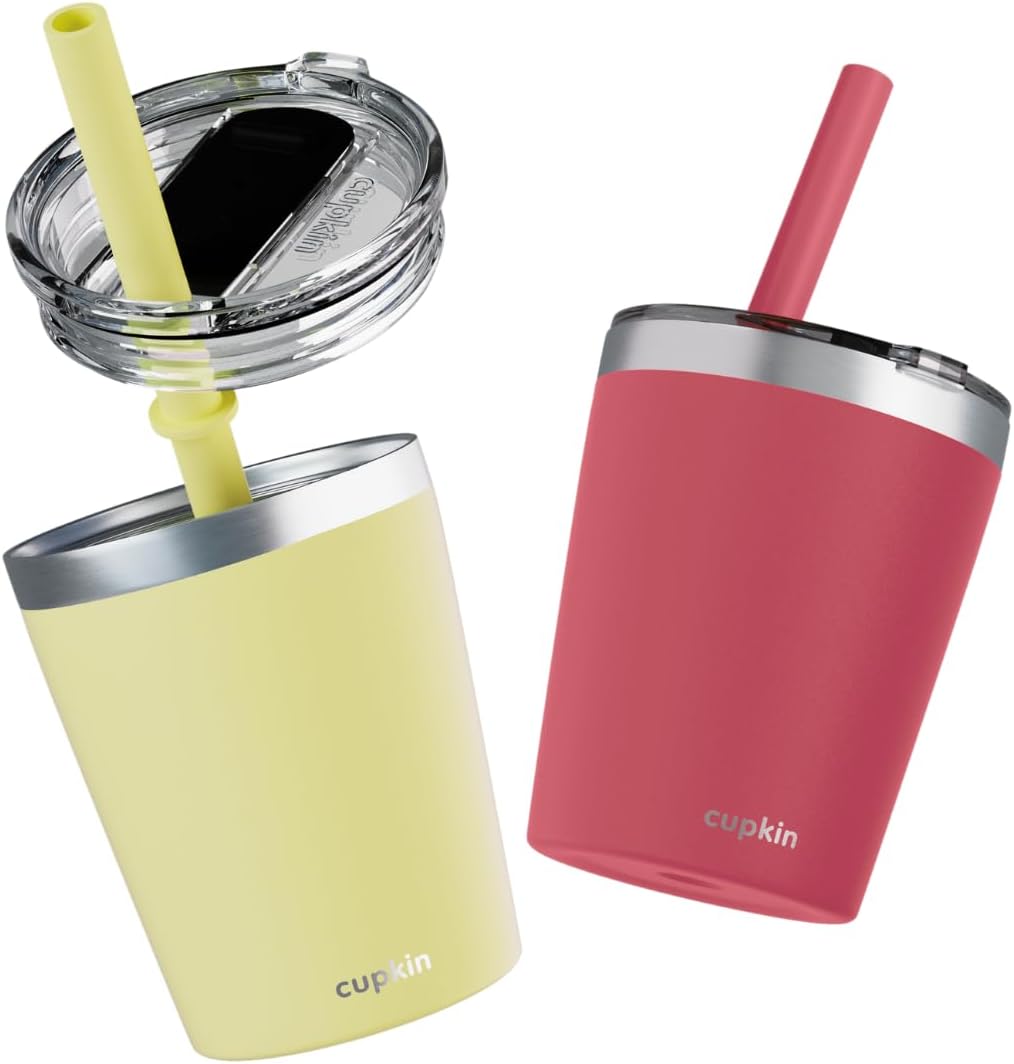 Stainless Steel Insulated Tumbler with Lid and Straw, 20 oz Stainless Steel Cups, Set of 2 Travel Coffee Mug for Adults, Iced Coffee Cup with Lid, Tumbler for Travel (Green + Pink)