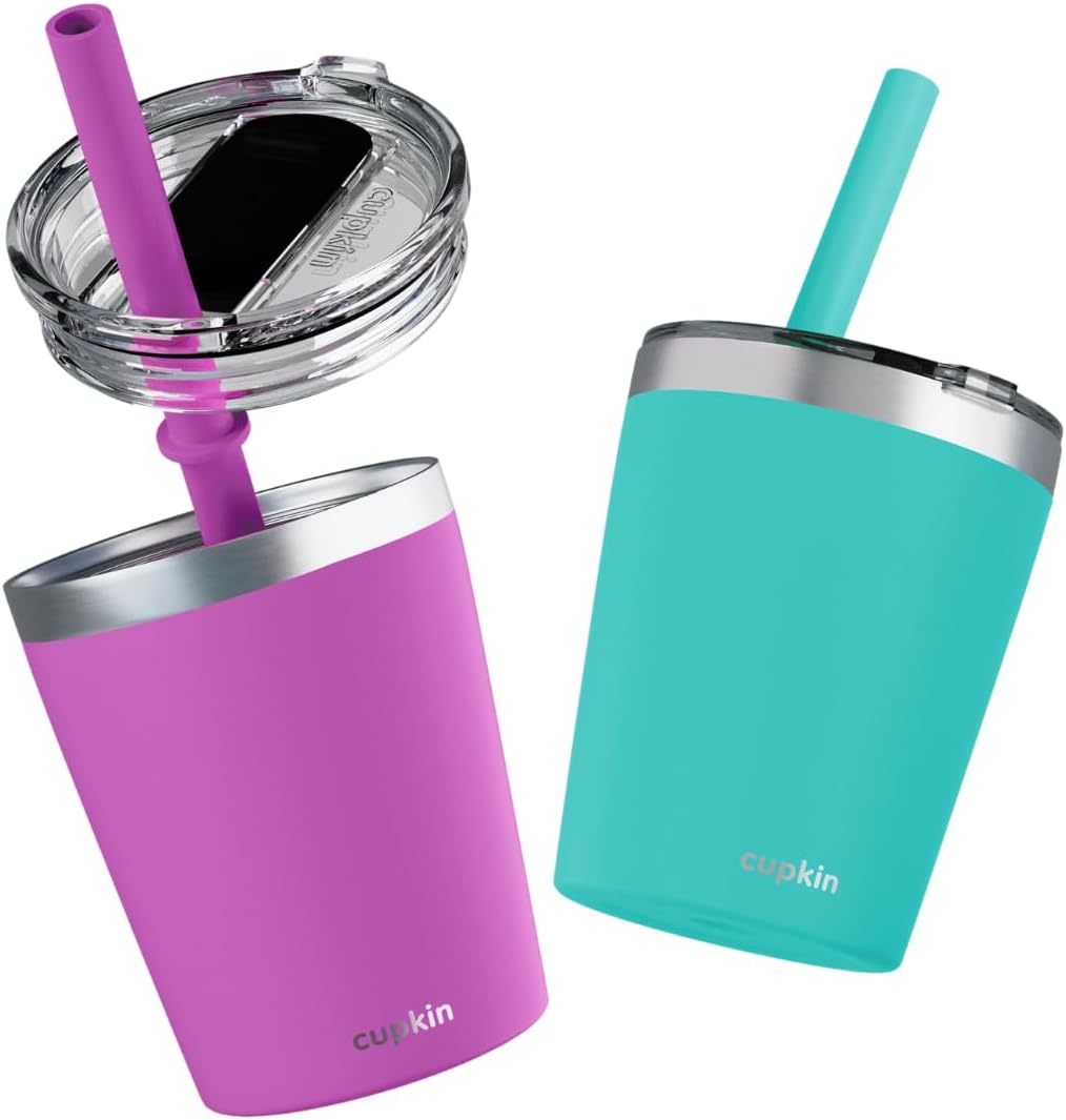 Stainless Steel Insulated Tumbler with Lid and Straw, 20 oz Stainless Steel Cups, Set of 2 Travel Coffee Mug for Adults, Iced Coffee Cup with Lid, Tumbler for Travel (Green + Pink)