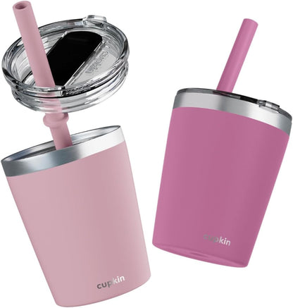 Stainless Steel Insulated Tumbler with Lid and Straw, 20 oz Stainless Steel Cups, Set of 2 Travel Coffee Mug for Adults, Iced Coffee Cup with Lid, Tumbler for Travel (Green + Pink)