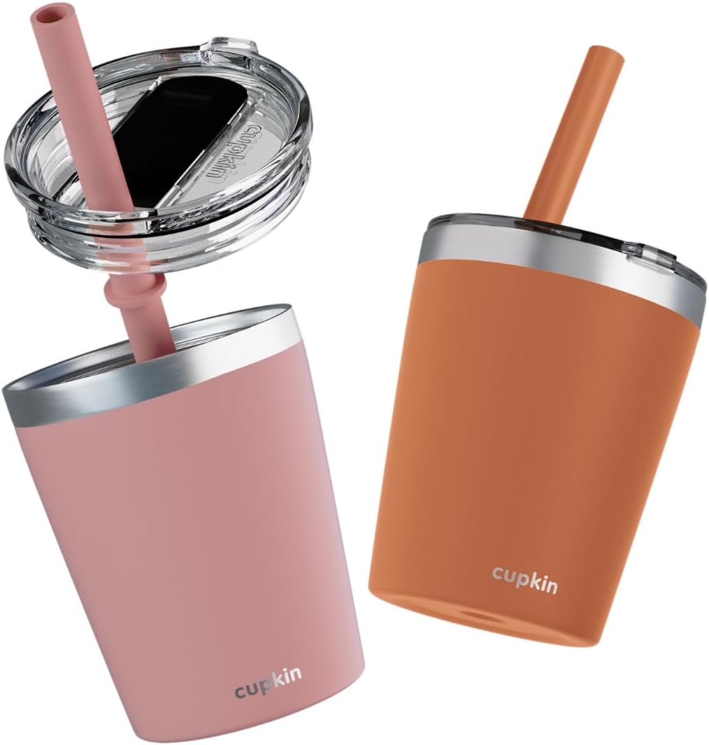 Stainless Steel Insulated Tumbler with Lid and Straw, 20 oz Stainless Steel Cups, Set of 2 Travel Coffee Mug for Adults, Iced Coffee Cup with Lid, Tumbler for Travel (Green + Pink)