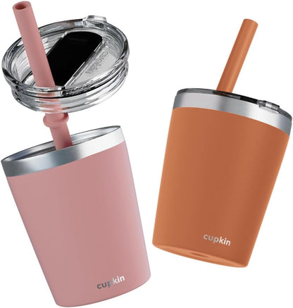 Stainless Steel Insulated Tumbler with Lid and Straw, 20 oz Stainless Steel Cups, Set of 2 Travel Coffee Mug for Adults, Iced Coffee Cup with Lid, Tumbler for Travel (Green + Pink)