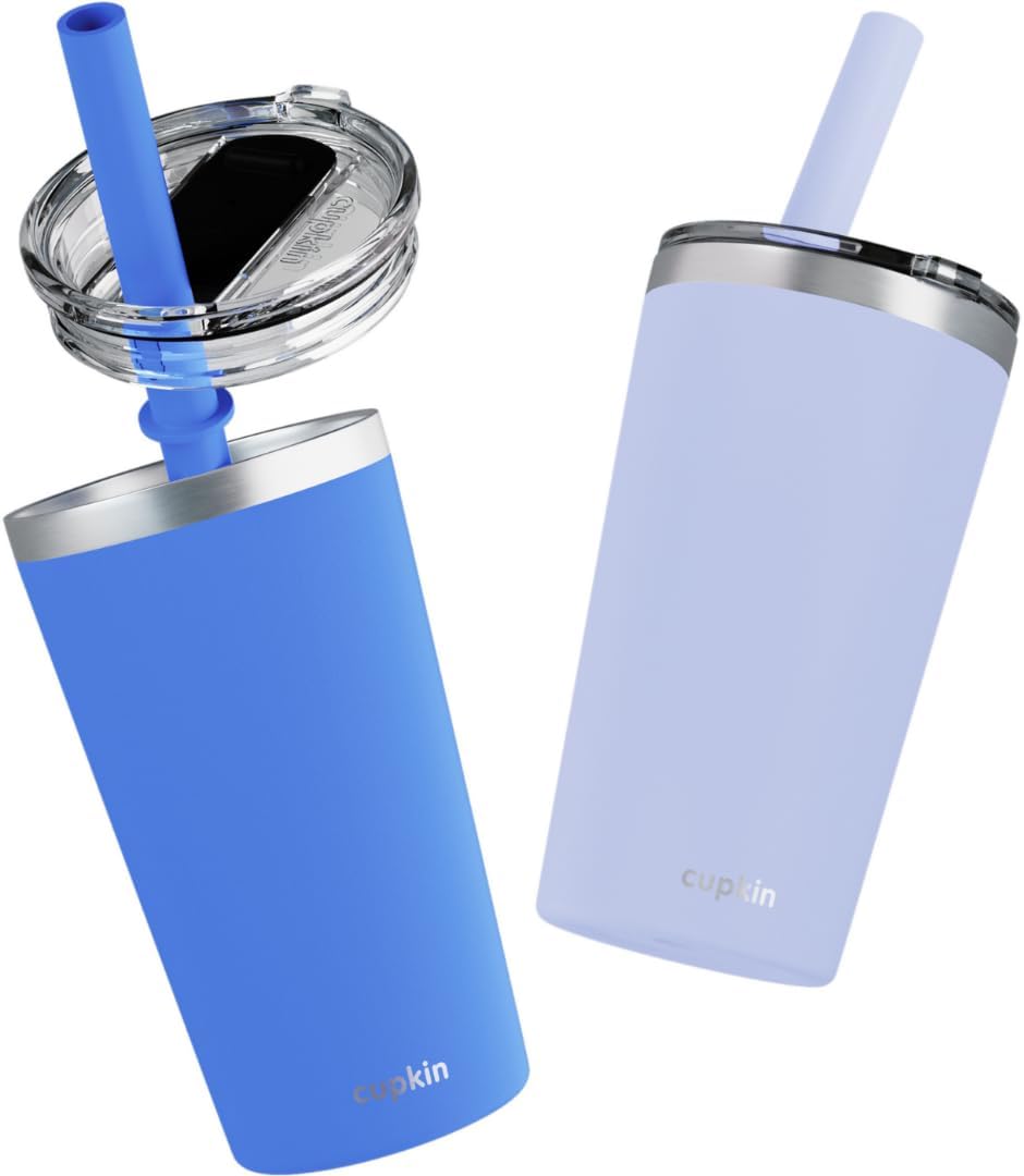 Stainless Steel Insulated Tumbler with Lid and Straw, 20 oz Stainless Steel Cups, Set of 2 Travel Coffee Mug for Adults, Iced Coffee Cup with Lid, Tumbler for Travel (Green + Pink)