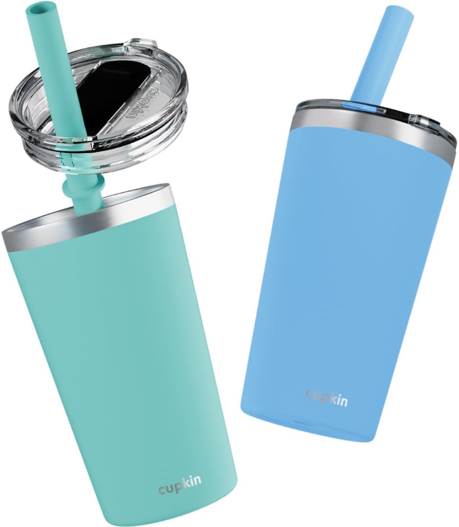 Stainless Steel Insulated Tumbler with Lid and Straw, 20 oz Stainless Steel Cups, Set of 2 Travel Coffee Mug for Adults, Iced Coffee Cup with Lid, Tumbler for Travel (Green + Pink)