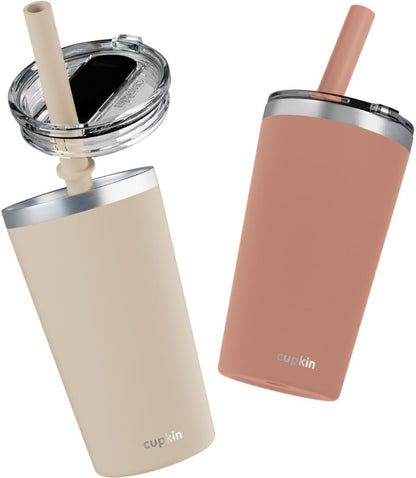 Stainless Steel Insulated Tumbler with Lid and Straw, 20 oz Stainless Steel Cups, Set of 2 Travel Coffee Mug for Adults, Iced Coffee Cup with Lid, Tumbler for Travel (Green + Pink)
