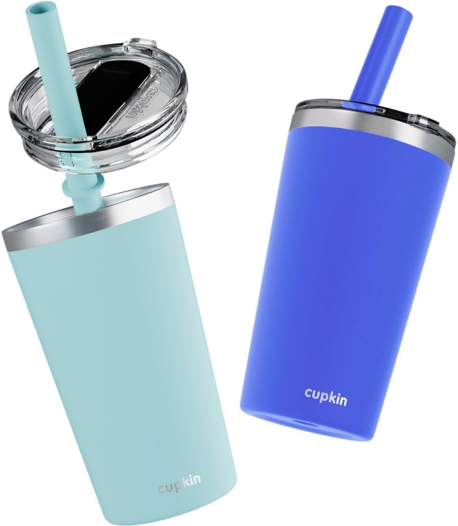 Stainless Steel Insulated Tumbler with Lid and Straw, 20 oz Stainless Steel Cups, Set of 2 Travel Coffee Mug for Adults, Iced Coffee Cup with Lid, Tumbler for Travel (Green + Pink)