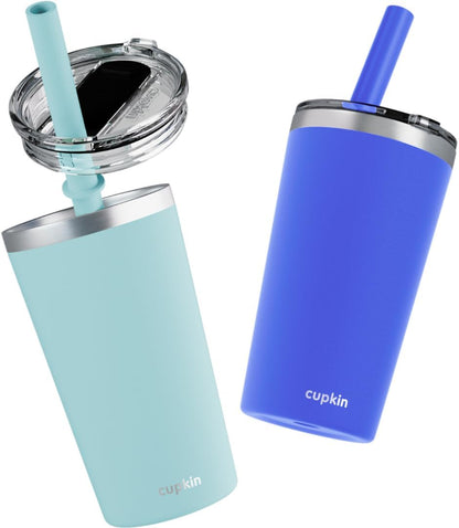 Stainless Steel Insulated Tumbler with Lid and Straw, 20 oz Stainless Steel Cups, Set of 2 Travel Coffee Mug for Adults, Iced Coffee Cup with Lid, Tumbler for Travel (Green + Pink)