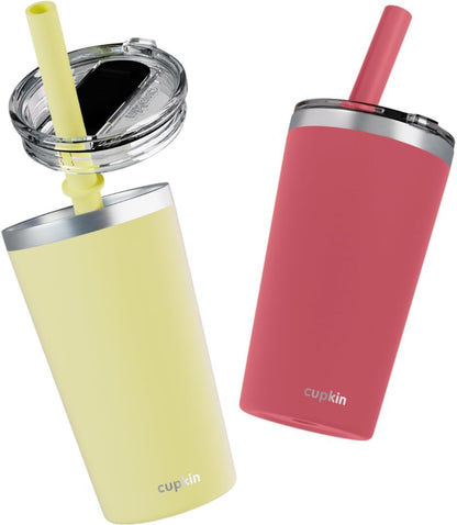Stainless Steel Insulated Tumbler with Lid and Straw, 20 oz Stainless Steel Cups, Set of 2 Travel Coffee Mug for Adults, Iced Coffee Cup with Lid, Tumbler for Travel (Green + Pink)