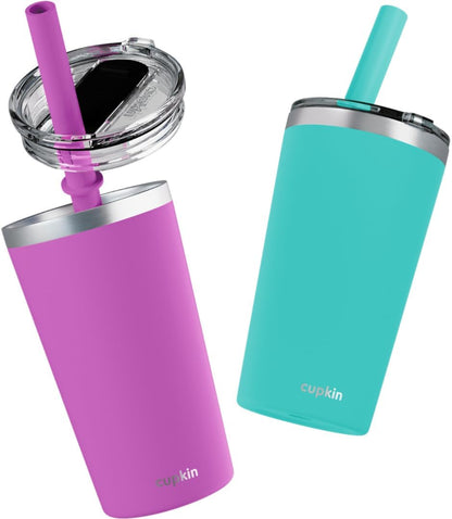 Stainless Steel Insulated Tumbler with Lid and Straw, 20 oz Stainless Steel Cups, Set of 2 Travel Coffee Mug for Adults, Iced Coffee Cup with Lid, Tumbler for Travel (Green + Pink)