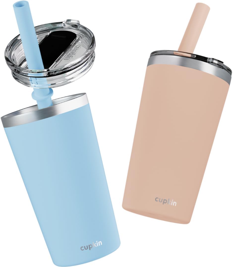 Stainless Steel Insulated Tumbler with Lid and Straw, 20 oz Stainless Steel Cups, Set of 2 Travel Coffee Mug for Adults, Iced Coffee Cup with Lid, Tumbler for Travel (Green + Pink)
