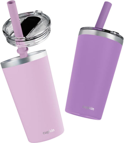 Stainless Steel Insulated Tumbler with Lid and Straw, 20 oz Stainless Steel Cups, Set of 2 Travel Coffee Mug for Adults, Iced Coffee Cup with Lid, Tumbler for Travel (Green + Pink)