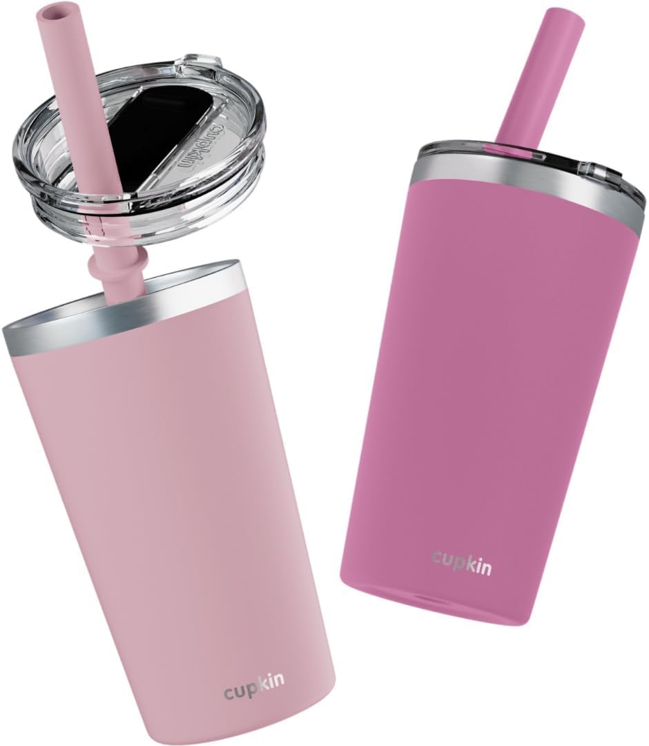 Stainless Steel Insulated Tumbler with Lid and Straw, 20 oz Stainless Steel Cups, Set of 2 Travel Coffee Mug for Adults, Iced Coffee Cup with Lid, Tumbler for Travel (Green + Pink)