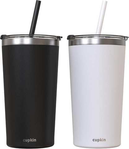Stainless Steel Insulated Tumbler with Lid and Straw, 20 oz Stainless Steel Cups, Set of 2 Travel Coffee Mug for Adults, Iced Coffee Cup with Lid, Tumbler for Travel (Green + Pink)