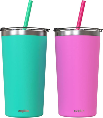 Stainless Steel Insulated Tumbler with Lid and Straw, 20 oz Stainless Steel Cups, Set of 2 Travel Coffee Mug for Adults, Iced Coffee Cup with Lid, Tumbler for Travel (Green + Pink)
