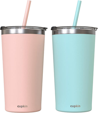 Stainless Steel Insulated Tumbler with Lid and Straw, 20 oz Stainless Steel Cups, Set of 2 Travel Coffee Mug for Adults, Iced Coffee Cup with Lid, Tumbler for Travel (Green + Pink)