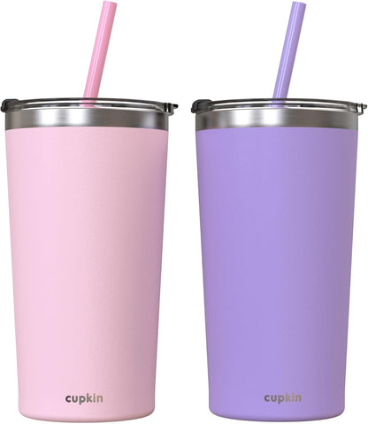 Stainless Steel Insulated Tumbler with Lid and Straw, 20 oz Stainless Steel Cups, Set of 2 Travel Coffee Mug for Adults, Iced Coffee Cup with Lid, Tumbler for Travel (Green + Pink)