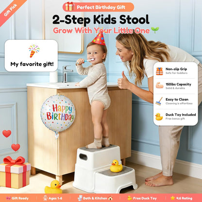 Toddler Step Stool for Potty Training, Bathroom Sink & Toilet - 2 Step Kids Poop Stool, Non-Slip Step Stool with Handles, Dual Height Stepping Stool for Kitchen Counter (Include 2 Ducks)