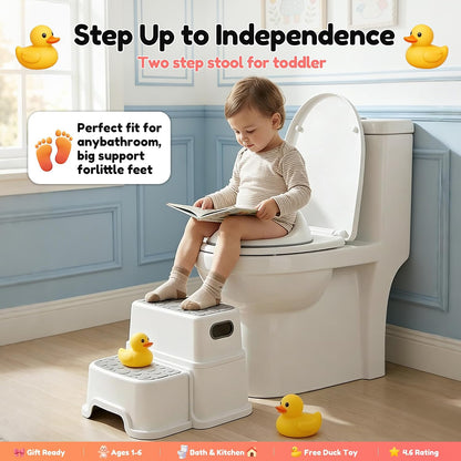Toddler Step Stool for Potty Training, Bathroom Sink & Toilet - 2 Step Kids Poop Stool, Non-Slip Step Stool with Handles, Dual Height Stepping Stool for Kitchen Counter (Include 2 Ducks)
