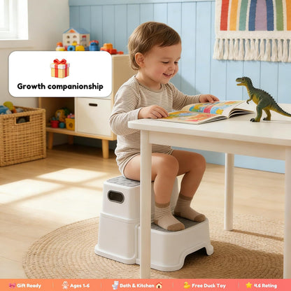 Toddler Step Stool for Potty Training, Bathroom Sink & Toilet - 2 Step Kids Poop Stool, Non-Slip Step Stool with Handles, Dual Height Stepping Stool for Kitchen Counter (Include 2 Ducks)
