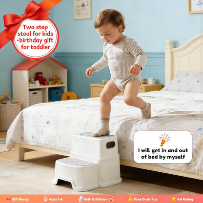 Toddler Step Stool for Potty Training, Bathroom Sink & Toilet - 2 Step Kids Poop Stool, Non-Slip Step Stool with Handles, Dual Height Stepping Stool for Kitchen Counter (Include 2 Ducks)