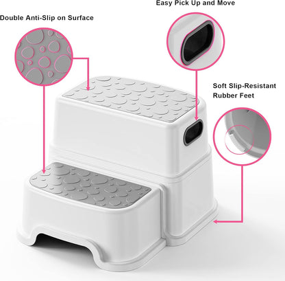 Toddler Step Stool for Potty Training, Bathroom Sink & Toilet - 2 Step Kids Poop Stool, Non-Slip Step Stool with Handles, Dual Height Stepping Stool for Kitchen Counter (Include 2 Ducks)