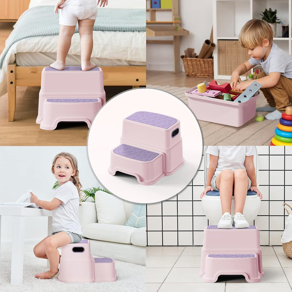 Toddler Step Stool for Potty Training, Bathroom Sink & Toilet - 2 Step Kids Poop Stool, Non-Slip Step Stool with Handles, Dual Height Stepping Stool for Kitchen Counter (Include 2 Ducks)