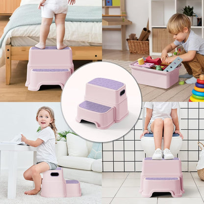 Toddler Step Stool for Potty Training, Bathroom Sink & Toilet - 2 Step Kids Poop Stool, Non-Slip Step Stool with Handles, Dual Height Stepping Stool for Kitchen Counter (Include 2 Ducks)