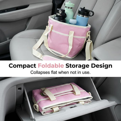 No-Spill Car Drink Carrier Bag, 2026 New, Insulated Bag, Adjustable Strap Water Bottle Bag for Travel, Family Size Organizer with Picnic, Nylon Caddy for Family (Pink)