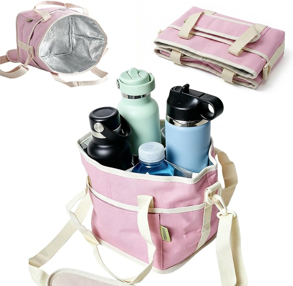 No-Spill Car Drink Carrier Bag, 2026 New, Insulated Bag, Adjustable Strap Water Bottle Bag for Travel, Family Size Organizer with Picnic, Nylon Caddy for Family (Pink)
