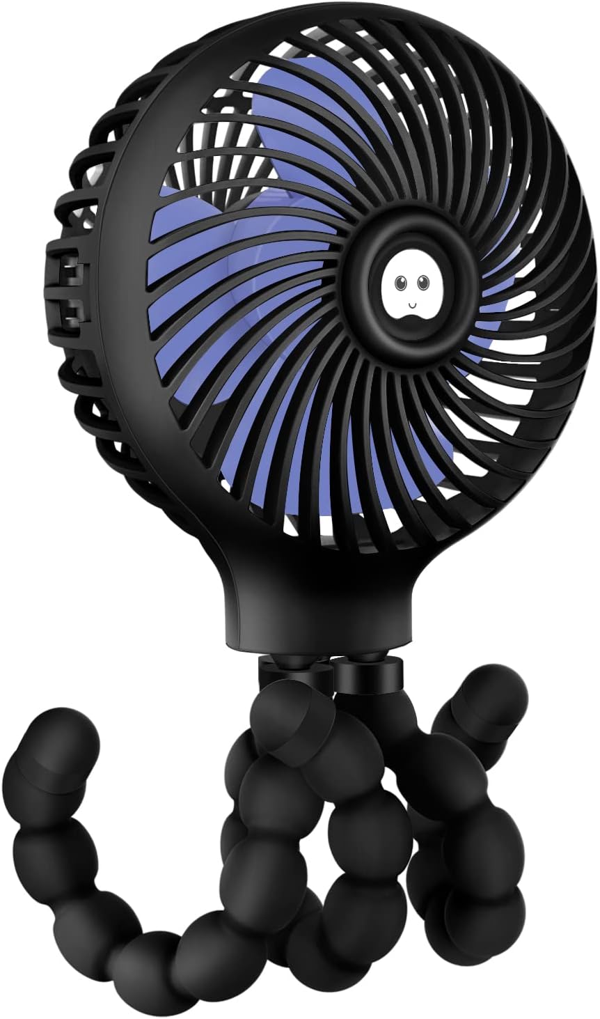 Mini Stroller Fan, 19H Battery Life, Personal Handheld Clip on Portable Rechargeable Fan with Flexible Tripod, Gift for Children Baby Car Travel BBQ Gym (Black, 4000mAh)