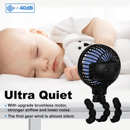 Mini Stroller Fan, 19H Battery Life, Personal Handheld Clip on Portable Rechargeable Fan with Flexible Tripod, Gift for Children Baby Car Travel BBQ Gym (Black, 4000mAh)